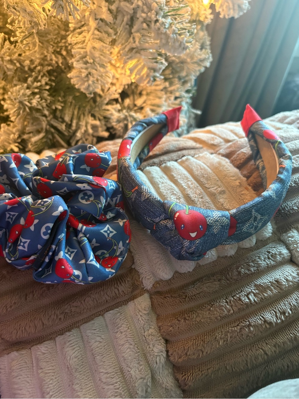 Fashion Blue Cherry Print Kids Headband & Scrunchie Set